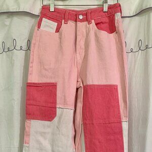 SHEIN Women’s Colorblock Patchwork Jeans Pink & White Sz Small/4 Y2K Streetwear